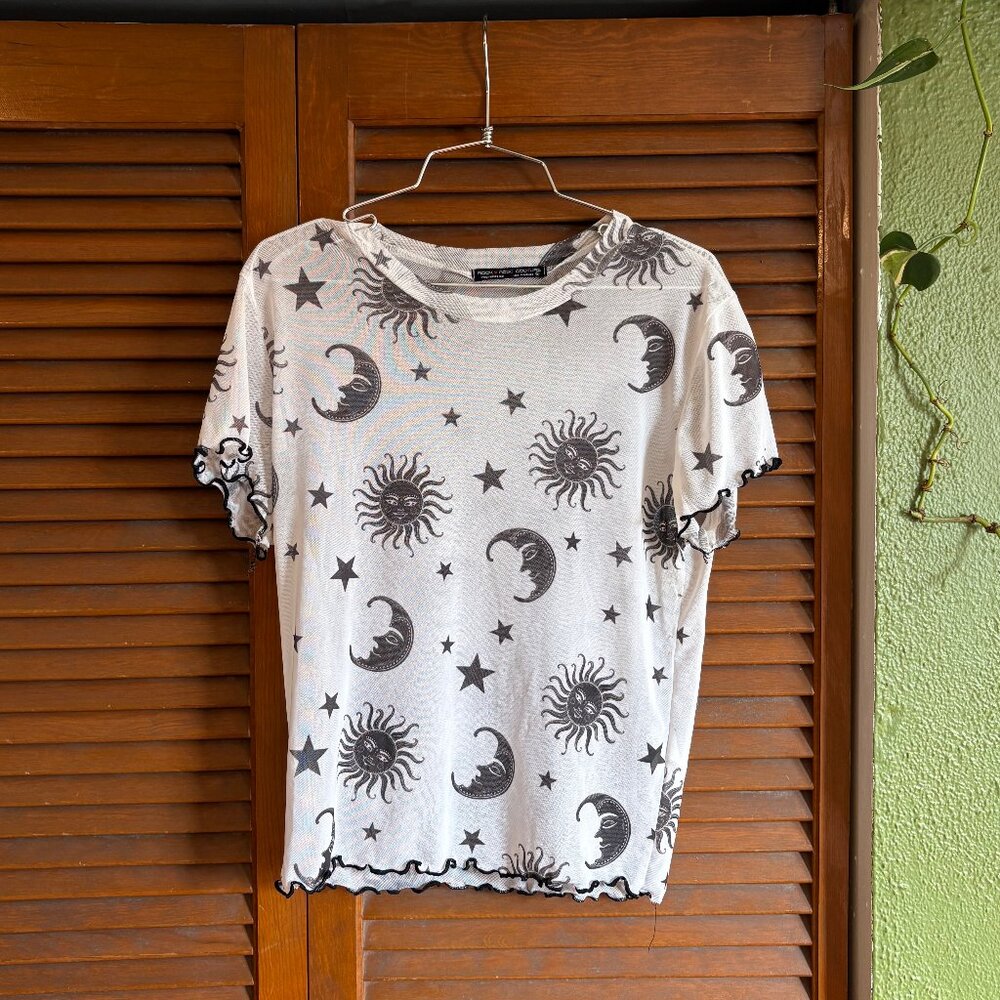 Women’s White Short Sleeve Tee with Black Celestial Print